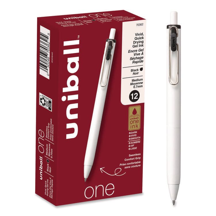 UNI uniONE Gel Pen, Retractable, Medium 0.7 mm, Black Ink, White/Black Barrel, Dozen (UBC70362)