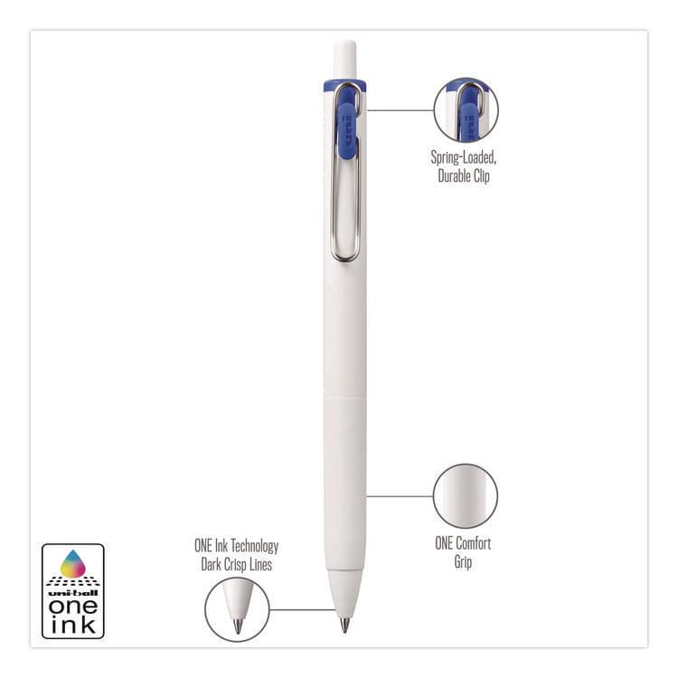 UNI uniONE Gel Pen, Retractable, Medium 0.7 mm, Blue Ink, White/Blue Barrel, Dozen (UBC70363) thumbnail 3