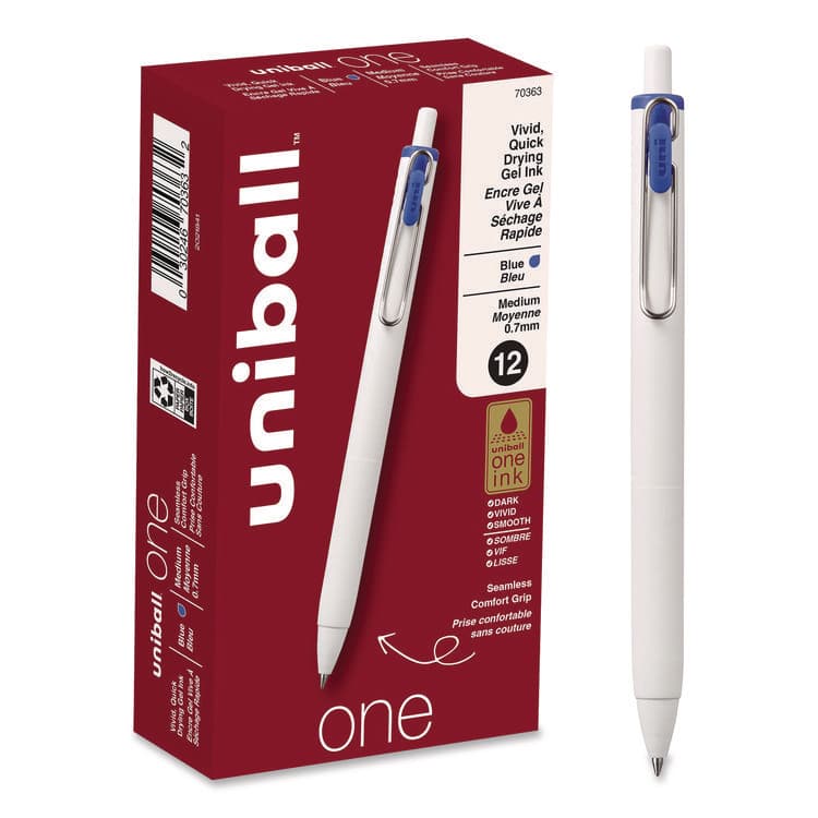 UNI uniONE Gel Pen, Retractable, Medium 0.7 mm, Blue Ink, White/Blue Barrel, Dozen (UBC70363)