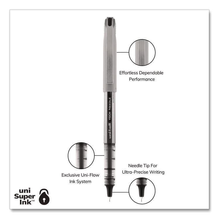 UNI VISION Needle Rollerball Pen, Stick, Fine 0.7 mm, Black Ink, Gray/Clear/Black Barrel, Dozen (UBC1734903) thumbnail 3