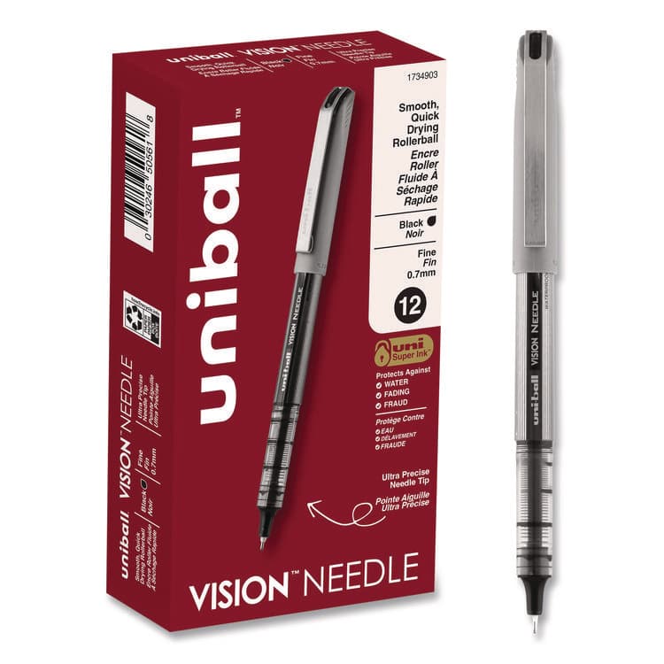 UNI VISION Needle Rollerball Pen, Stick, Fine 0.7 mm, Black Ink, Gray/Clear/Black Barrel, Dozen (UBC1734903)