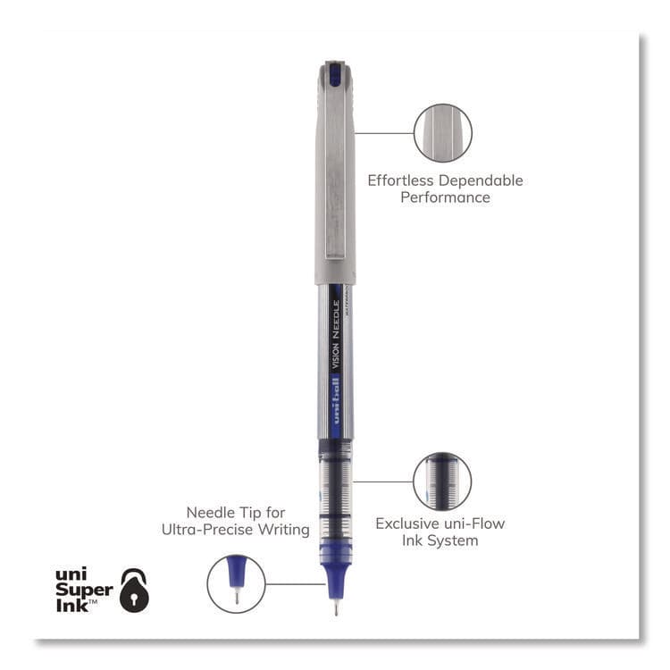 UNI VISION Needle Rollerball Pen, Stick, Fine 0.7 mm, Blue Ink, Gray/Clear/Blue Barrel, Dozen (UBC1734904) thumbnail 3