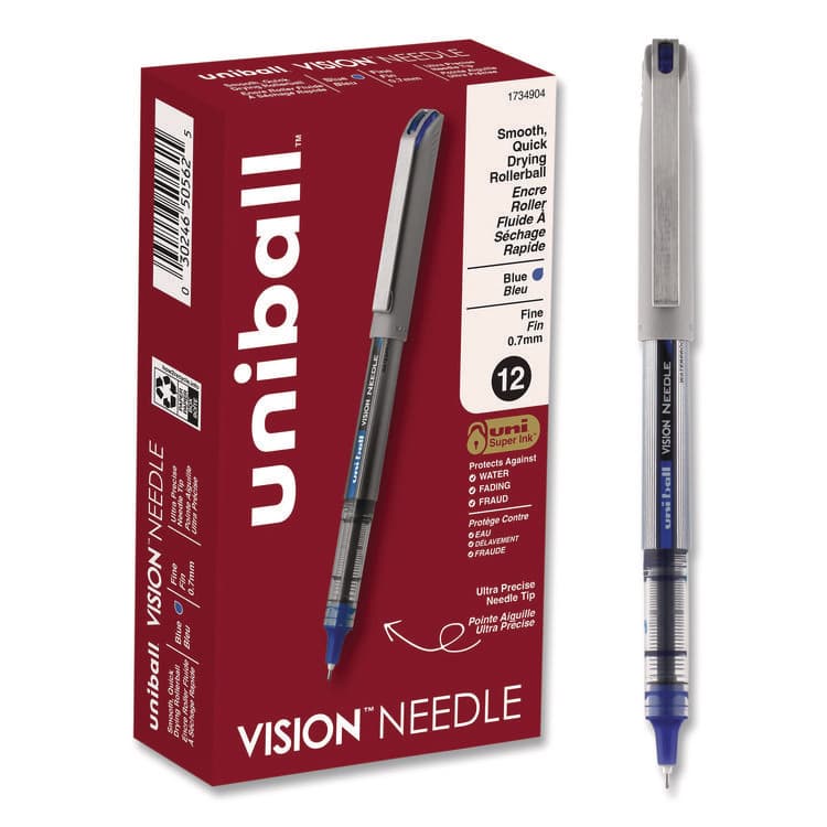 UNI VISION Needle Rollerball Pen, Stick, Fine 0.7 mm, Blue Ink, Gray/Clear/Blue Barrel, Dozen (UBC1734904)