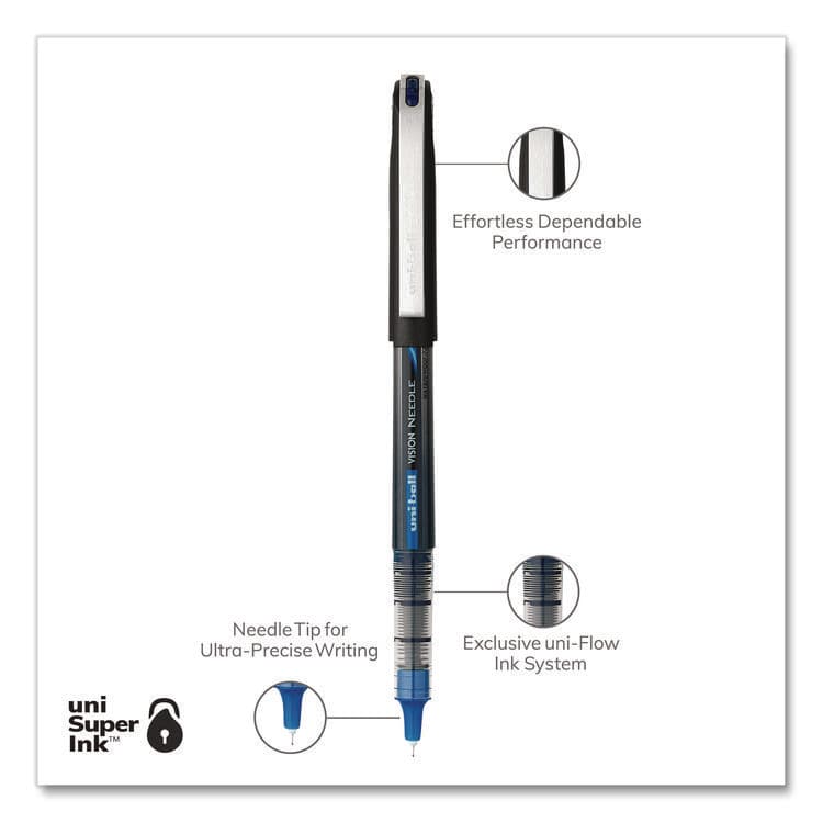 UNI VISION Rollerball Pen, Stick, Micro 0.5 mm, Blue Ink, Black/Blue/Clear Barrel, 12/Pack (UBC1734919) thumbnail 3