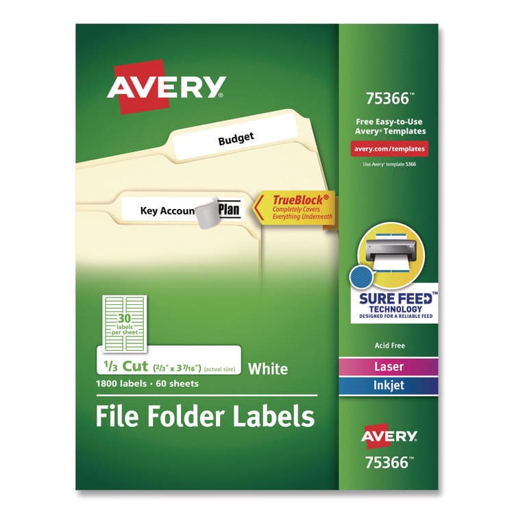 AVERY PRODUCTS CORPORATION Permanent TrueBlock File Folder Labels with Sure Feed Technology, 0.66 x 3.44, White, 30/Sheet, 60 Sheets/Box (AVE75366)