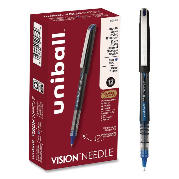 UNI VISION Rollerball Pen, Stick, Micro 0.5 mm, Blue Ink, Black/Blue/Clear Barrel, 12/Pack (UBC1734919)