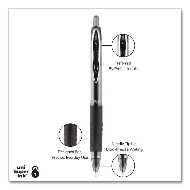UNI Signo 207 Needle Point Gel Pen, Retractable, Medium 0.7 mm, Black Ink, Clear/Black Barrel, Dozen (UBC1736097) thumbnail 3