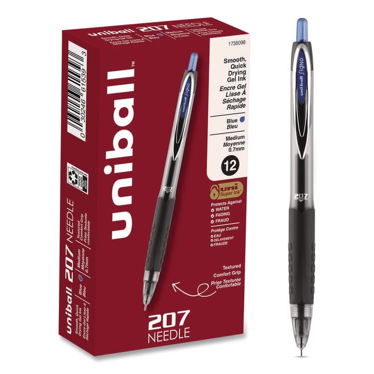 UNI Signo 207 Needle Point Gel Pen, Retractable, Medium 0.7 mm, Blue Ink, Clear/Black/Blue Barrel, Dozen (UBC1736098)