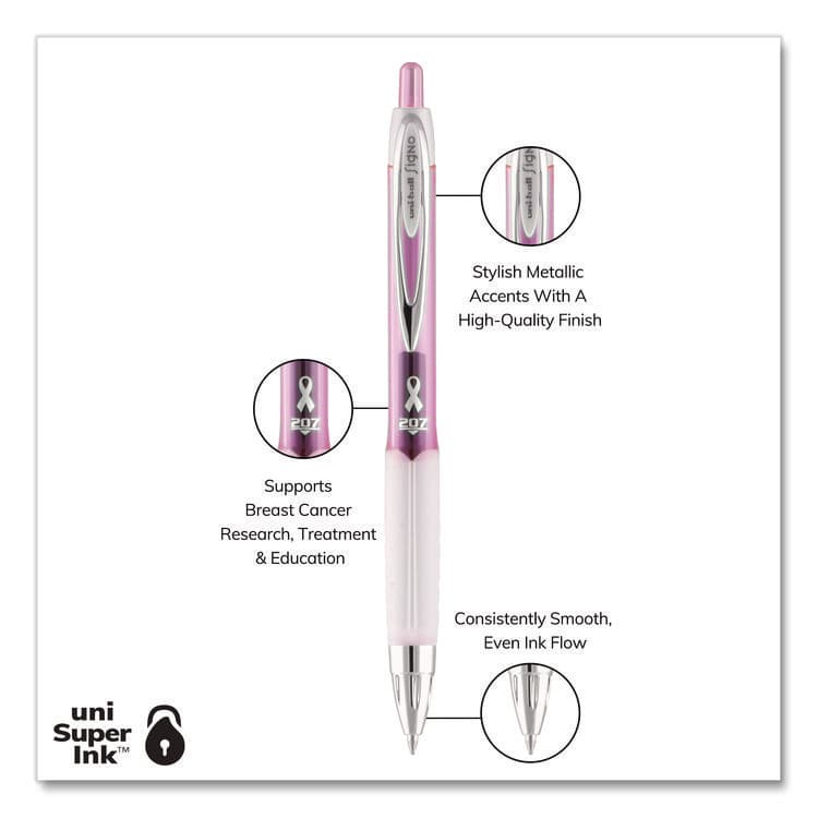 UNI Signo 207 Breast Cancer Awareness Gel Pen, Retractable, Medium 0.7 mm, Black Ink, Translucent Pink/White Barrel, 2/Pack (UBC1745148) thumbnail 3