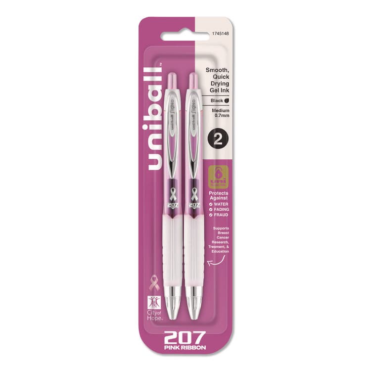 UNI Signo 207 Breast Cancer Awareness Gel Pen, Retractable, Medium 0.7 mm, Black Ink, Translucent Pink/White Barrel, 2/Pack (UBC1745148)