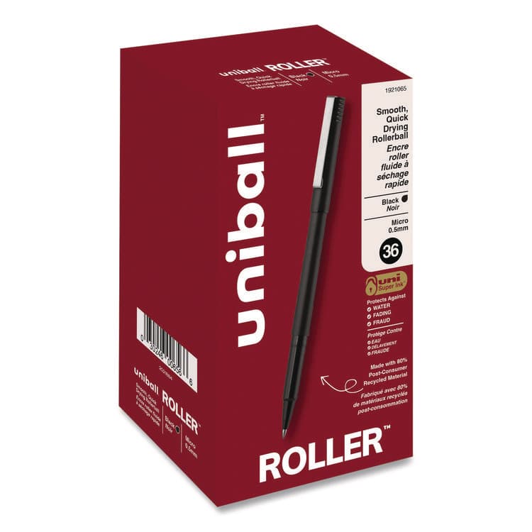 UNI Rollerball Pen, Stick, Micro 0.5 mm, Black Ink, Black Barrel, 36/Pack (UBC1921065)
