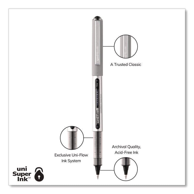 UNI VISION Rollerball Pen, Stick, Fine 0.7 mm, Black Ink, Silver/Black/Clear Barrel, 36/Pack (UBC1921066) thumbnail 3