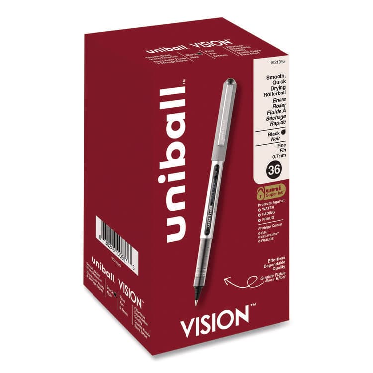 UNI VISION Rollerball Pen, Stick, Fine 0.7 mm, Black Ink, Silver/Black/Clear Barrel, 36/Pack (UBC1921066)