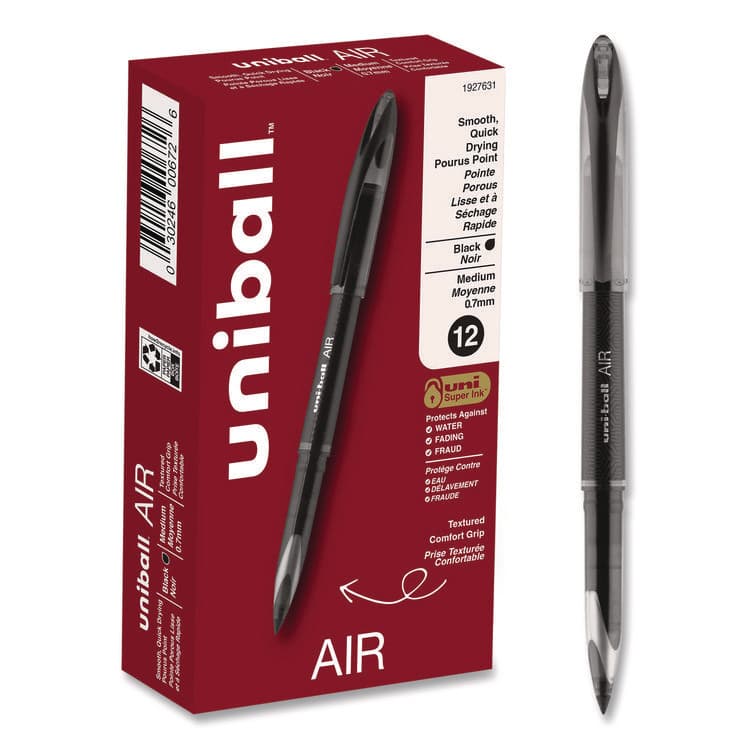 UNI AIR Porous Rollerball Pen, Stick, Medium 0.7 mm, Black Ink, Black Barrel, Dozen (UBC1927631)