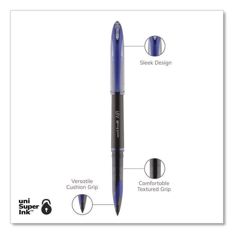 UNI AIR Porous Rollerball Pen, Stick, Medium 0.7 mm, Blue Ink, Black/Blue Barrel, Dozen (UBC1927701) thumbnail 3