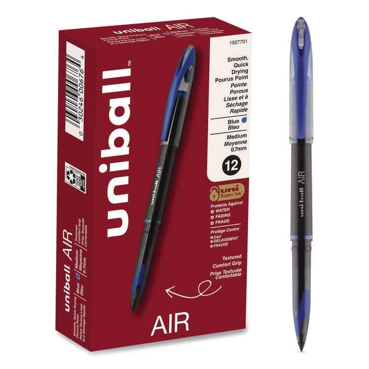 UNI AIR Porous Rollerball Pen, Stick, Medium 0.7 mm, Blue Ink, Black/Blue Barrel, Dozen (UBC1927701)