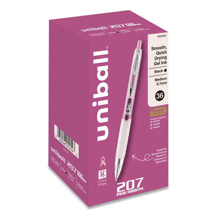 UNI 207 Breast Cancer Awareness Gel Pen Office Pack, Retractable, Medium 0.7mm, Black Ink, Translucent Pink/White Barrel, 36/Pack (UBC2003896)