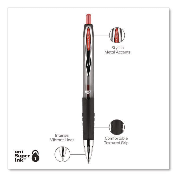UNI Signo 207 Gel Pen, Retractable, Medium 0.7 mm, Red Ink, Smoke/Black/Red Barrel, Dozen (UBC33952) thumbnail 3