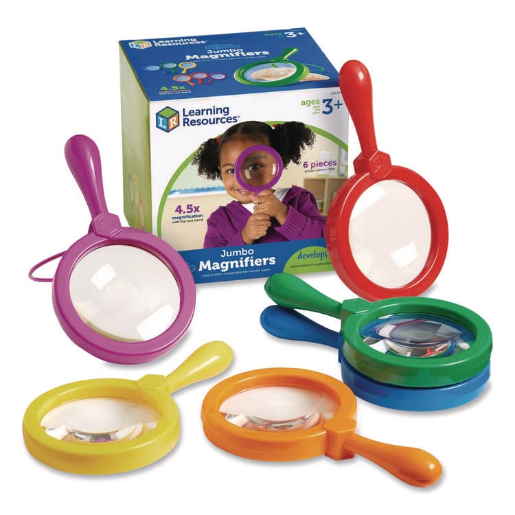 LEARNING RESOURCES Jumbo Magnifers Set, 4.5X Plastic Lens, 4.5" dia, Assorted Colors, 6 Magnifiers (LRNLER2774)