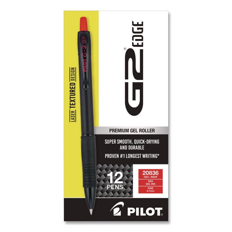 PILOT CORP. OF AMERICA G2 Edge Premium Gel Roller Pen, Retractable, Fine 0.7 mm, Red Ink, Black/Red Barrel, Dozen (PIL20836)