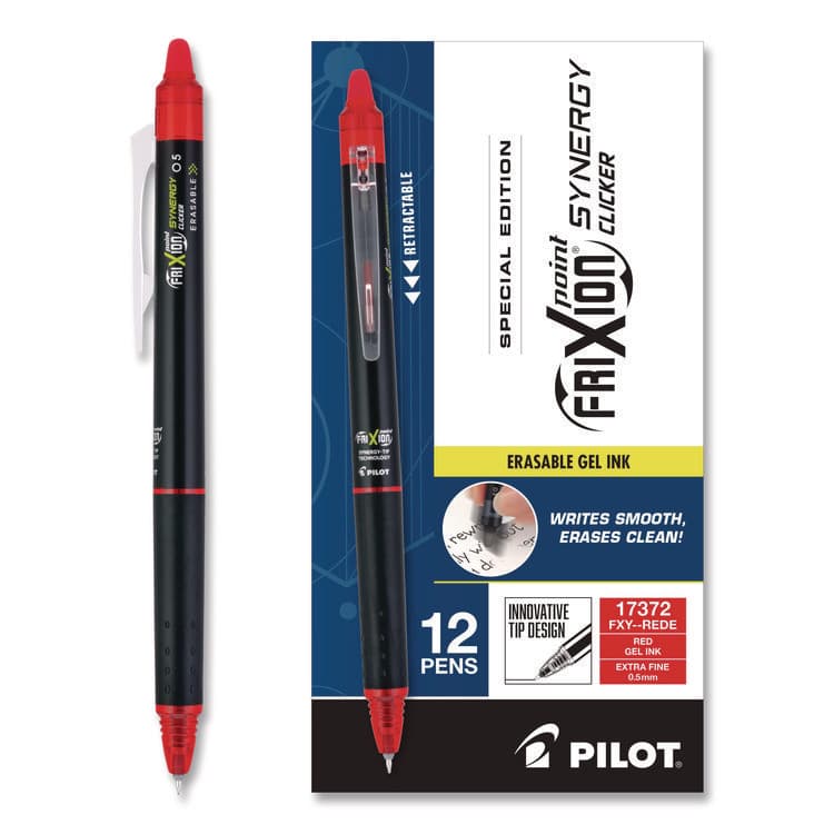 PILOT CORP. OF AMERICA Frixion Synergy Clicker Erasable Gel Pen, Retractable, Extra Fine 0.5 mm, Red Ink, Black/Red Barrel, Dozen (PIL17372)
