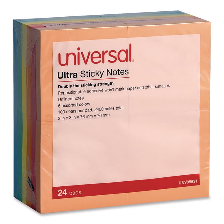 UNIVERSAL OFFICE PRODUCTS Ultra Sticky Note Pads, 3" x 3", Assorted, 100 Sheets/Pad, 24 Pads/Pack (UNV35631)