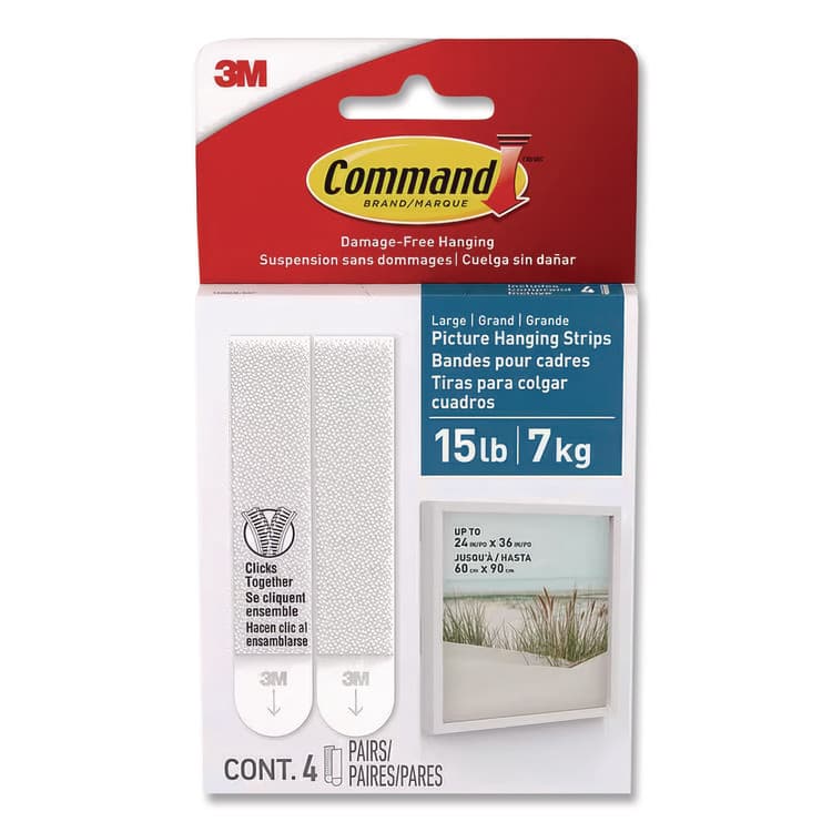 3M/COMMERCIAL TAPE DIV. Bath Picture Hanging Strip Pairs, Holds Up to 4 lb, Large: 0.75" x 3.65", White, 4/Pack (MMM17206BES)
