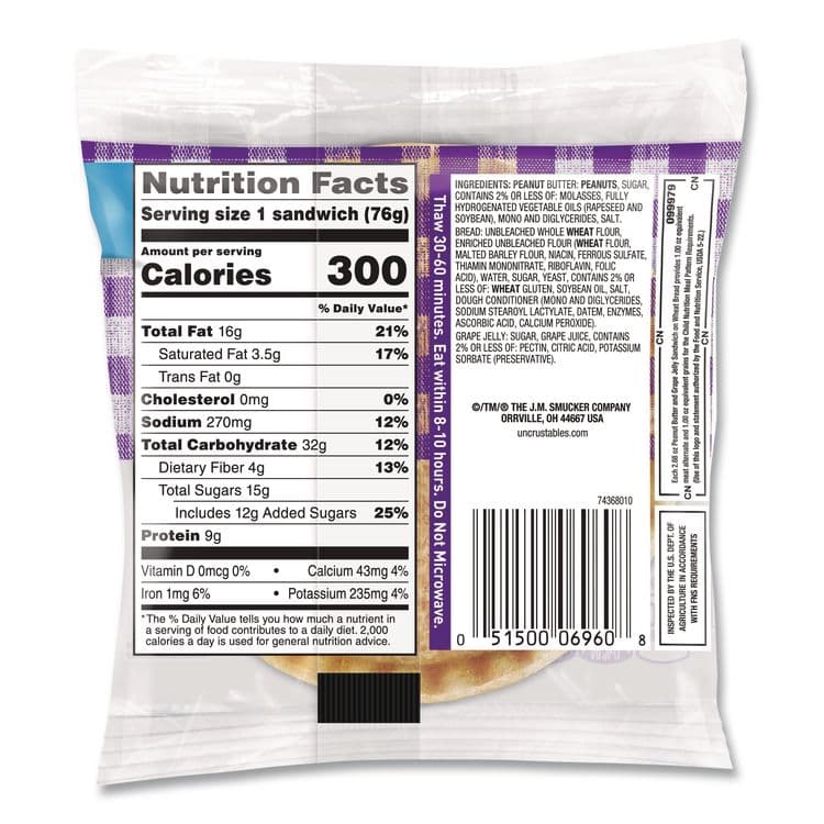 J.M. SMUCKER CO. UNCRUSTABLES Peanut Butter and Grape Jelly on Wheat Bread, 2.6 oz Bag, 48/Carton (GRR22002219) thumbnail 4