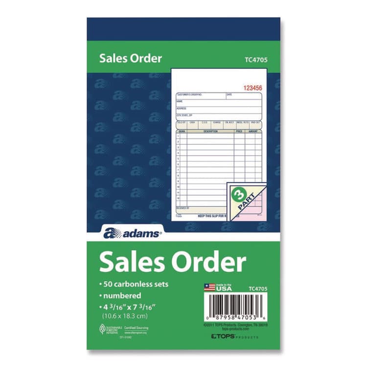 CARDINAL BRANDS . Multipart Sales Order Pad, Three-Part Carbonless, 4.19 x 6.69, 50 Forms/Pad, 10 Pads/Carton (ABFTC470510)