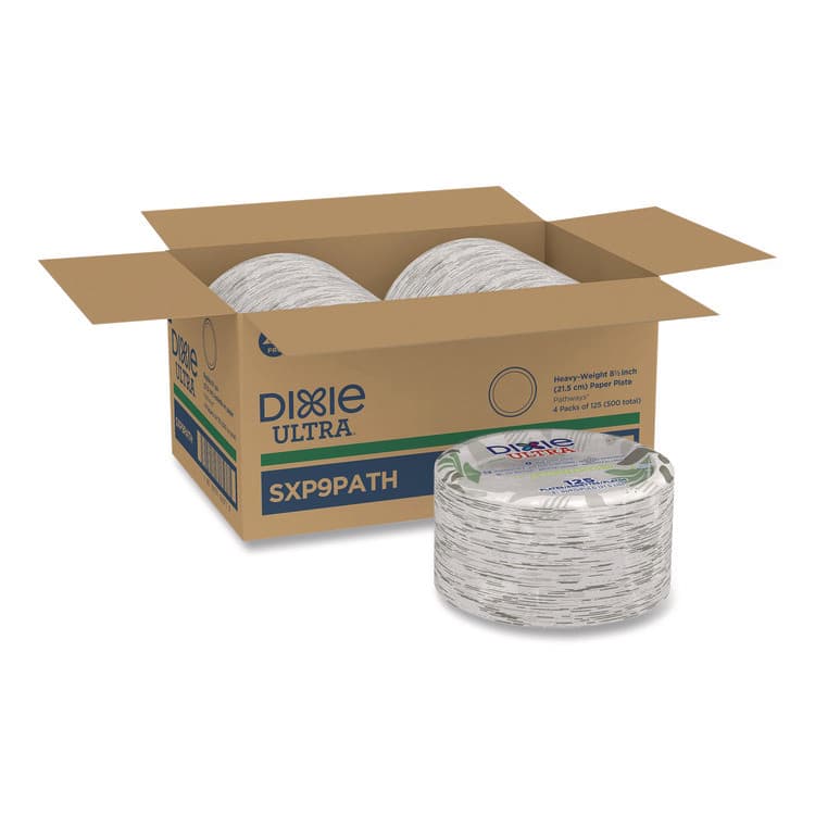 DIXIE FOOD SERVICE Pathways Soak Proof Shield Heavyweight Paper Plates, 8.5" dia, Green/Burgundy, 125/Pack (DXESXP9PATHPK)
