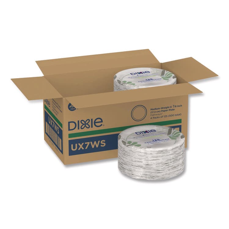DIXIE FOOD SERVICE Pathways Soak-Proof Shield Mediumweight Paper Plates, WiseSize, 6.87" dia, Green/Burgundy, 500/Carton (DXEUX7WS)