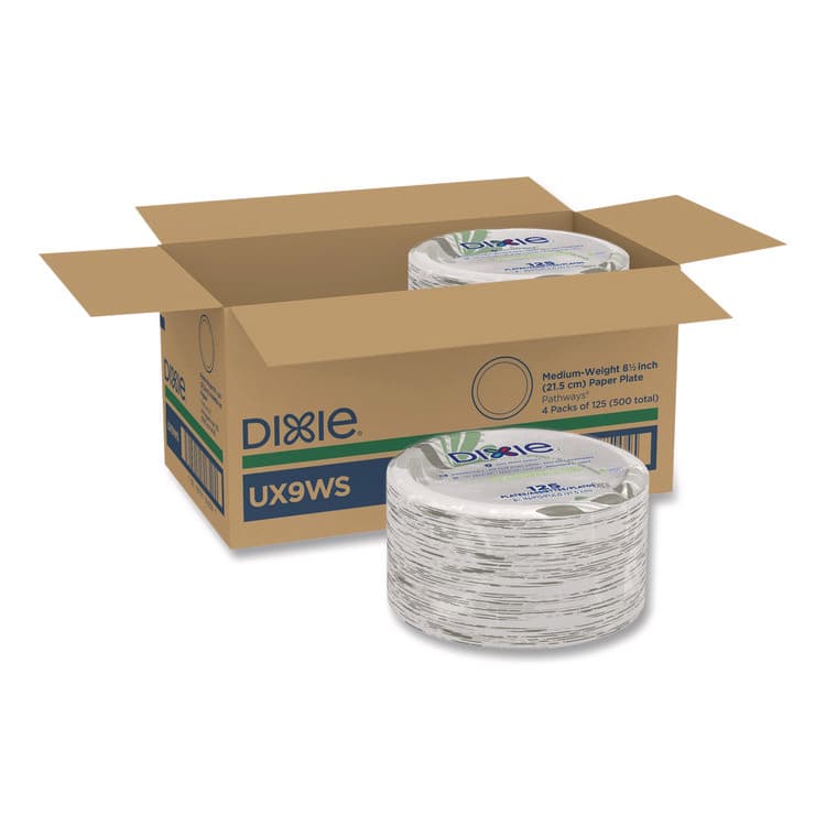 DIXIE FOOD SERVICE Pathways Soak-Proof Shield Mediumweight Paper Plates, WiseSize, 8.5" dia, Green/Burgundy, 125/Pack, 4 Packs/Carton (DXEUX9WS)