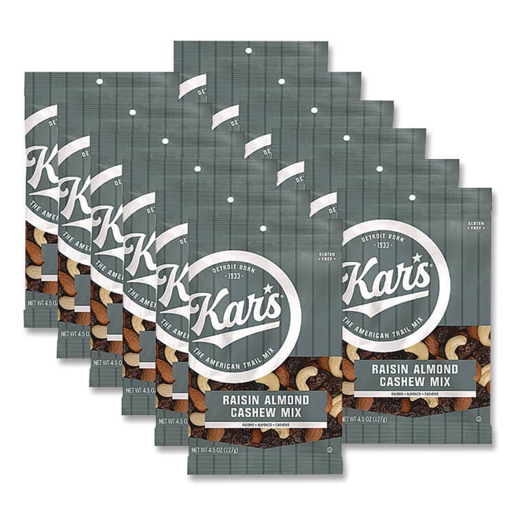 KAR'S NUTS Fresh Harvest Trail Mix, Raisin Almond Cashew, 4.5 oz Bag, 12/Box (KAR08444)