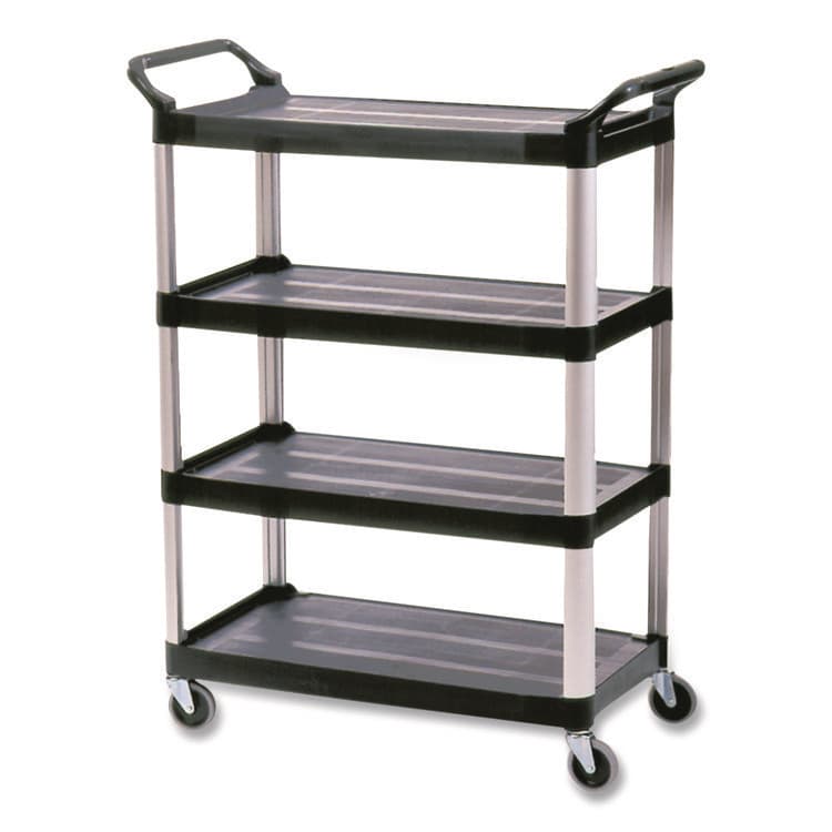 RUBBERMAID COMMERCIAL PROD. Xtra Utility Cart with Open Sides, Plastic, 4 Shelves, 400 lb Capacity, 40.63" x 20" x 51", Black (RCP409600BLA)