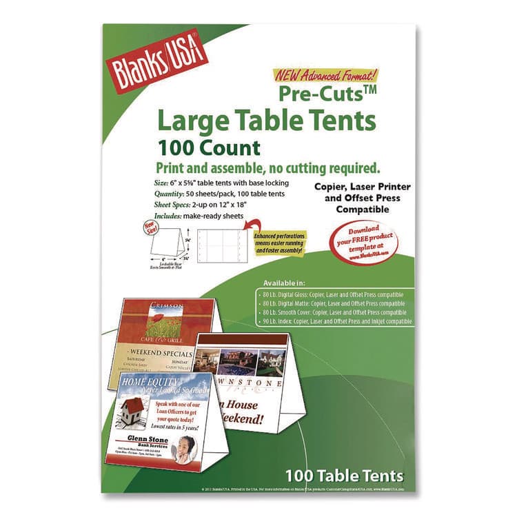 BLANKS/USA Table Tent, 80 lb Cover Weight, 12 x 18, White, 2 Tents/Sheet, 50 Sheets/Pack (BLA01FLWH) thumbnail 2