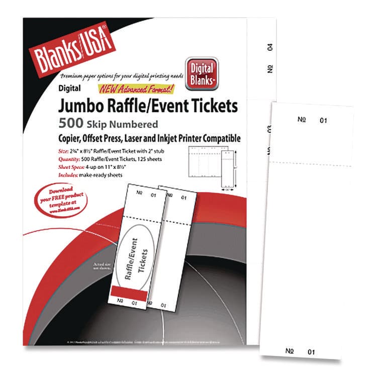 BLANKS/USA Jumbo Micro-Perforated Event/Raffle Ticket, 90 lb Index Weight, 8.5 x 11, White, 4 Tickets/Sheet, 250 Sheets/Pack (BLA10X9WH)