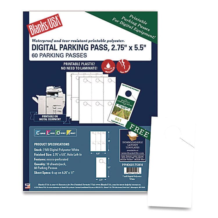 BLANKS/USA Micro-Perforated Parking Pass, 110 lb Index Weight, 8.25 x 11, White, 6 Passes/Sheet, 50 Sheets/Pack (BLA06057SWH)