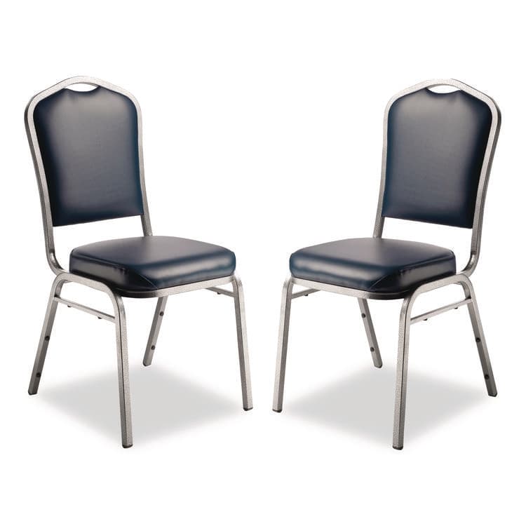 NATIONAL PUBLIC SEATING 9300 Series Deluxe Upholstered Stack Chair, Vinyl, Supports 500 lb, 19" Seat Ht, Midnight Blue Seat/Back, Silver Base, 2/Pack (NPS9304SV2)