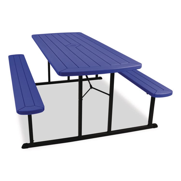NATIONAL PUBLIC SEATING Blow Molded Folding Picnic Table, Rectangular, 57w x 72d x 29.5h, Blue Top, Black Base/Legs (NPSBMPT3072BK04)