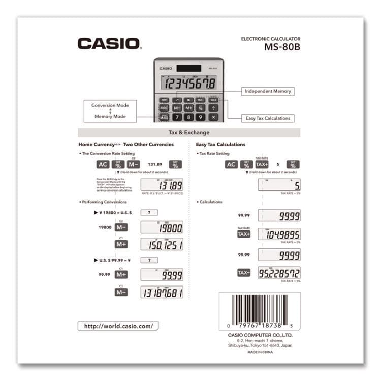 CASIO, . MS80B 8-Digit Battery and Solar Basic Calculator, LCD, Navy Blue (CSOMS80BBU) thumbnail 4
