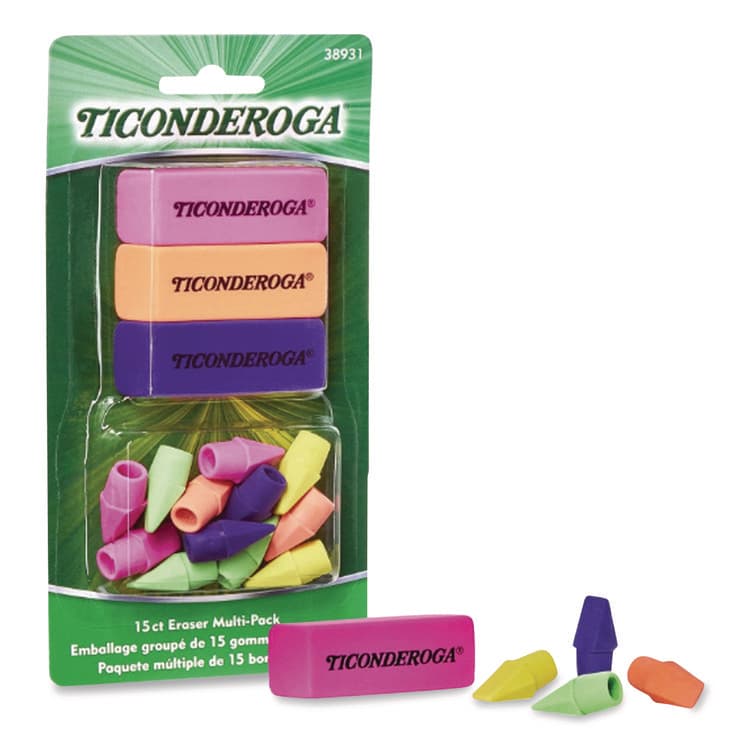 DIXON TICONDEROGA CO. Neon Eraser Multipack, For Pencil Marks, (12) End-Cap Erasers, (3) Block Erasers, Assorted Colors (DIX38931) thumbnail 2