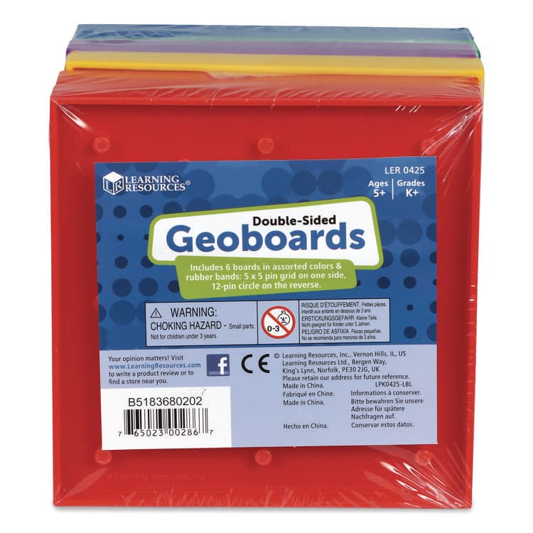 LEARNING RESOURCES Double-Sided Assorted Geoboards, Grades K to 3, 5" x 5", Assorted Colors, 6 Pieces (LRNLER0425)