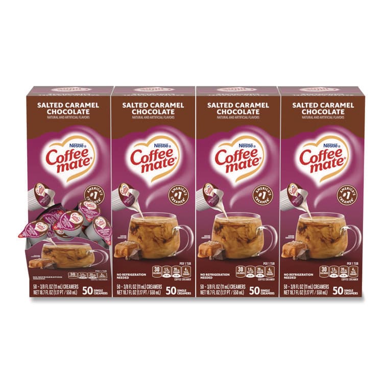 NESTLE Liquid Coffee Creamer, Salted Caramel Chocolate, 0.38 oz Mini Cups, 50/Box, 4 Boxes/Carton (NES77197CT)
