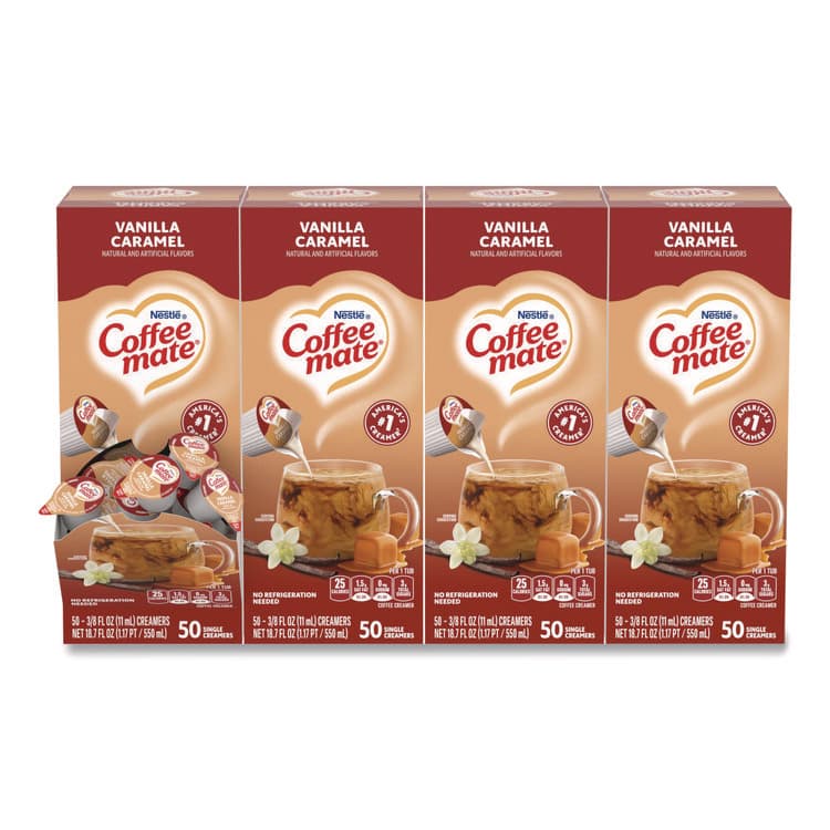 NESTLE Liquid Coffee Creamer, Vanilla Caramel, 0.38 oz Mini Cups, 50/Box, 4 Boxes/Carton (NES79129CT)