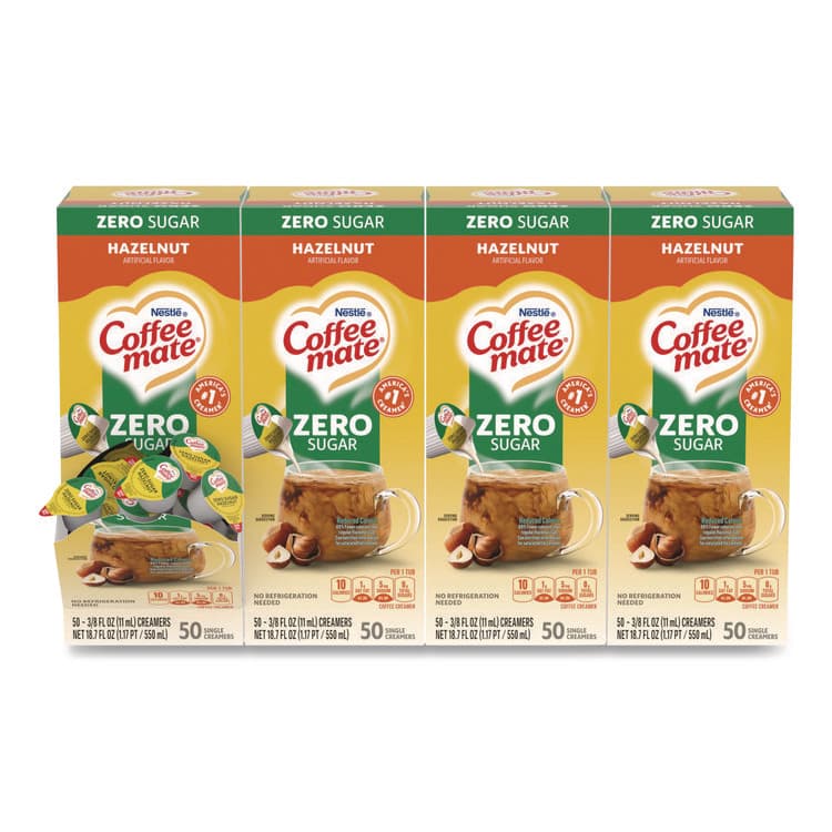 NESTLE Liquid Coffee Creamer, Zero Sugar Hazelnut, 0.38 oz Mini Cups, 50/Box, 4 Boxes/Carton (NES98468CT)