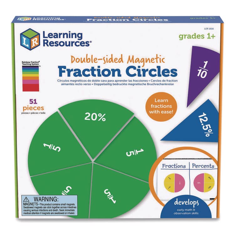 LEARNING RESOURCES Double-Sided Magnetic Rainbow Fraction and Percentage Circles, Grades 1 to 6, English, Randomly Assorted Colors, 9 Pieces (LRNLER1616)