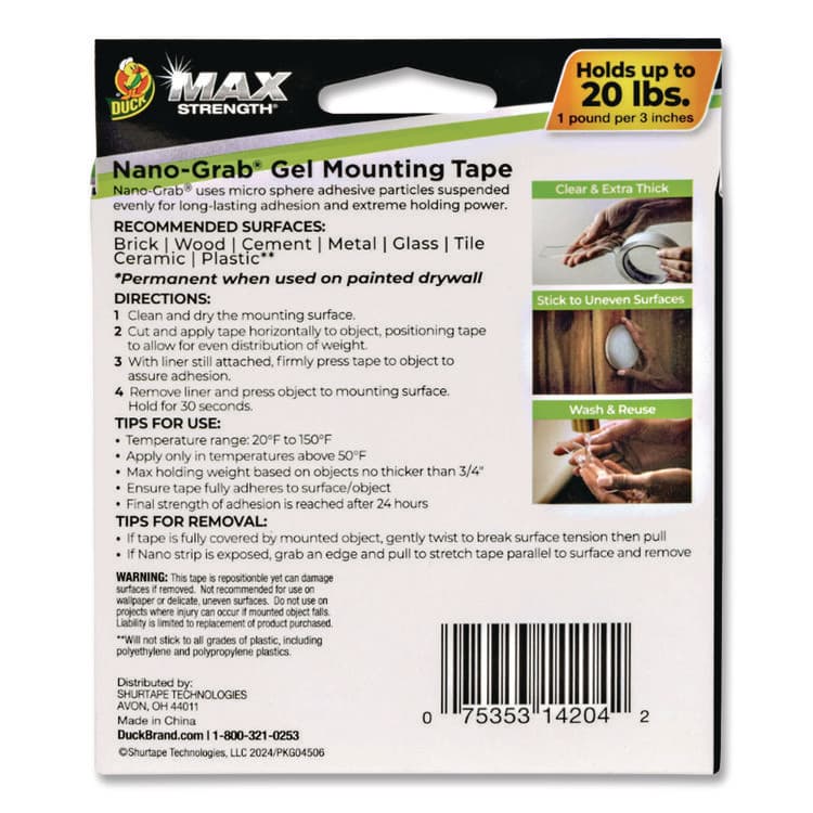 SHURTAPE TECHNOLOGIES MAX Strength Nano-Grab Double-Sided Gel Tape, 0.94" x 5 ft, Clear (DUC287264) thumbnail 3