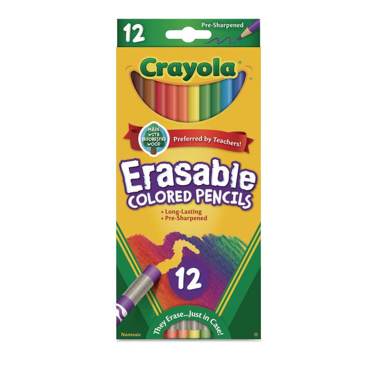 BINNEY & SMITH / CRAYOLA Erasable Color Pencil Set, 3.3 mm, 2B, Assorted Lead and Barrel Colors, Dozen (CYO684412)