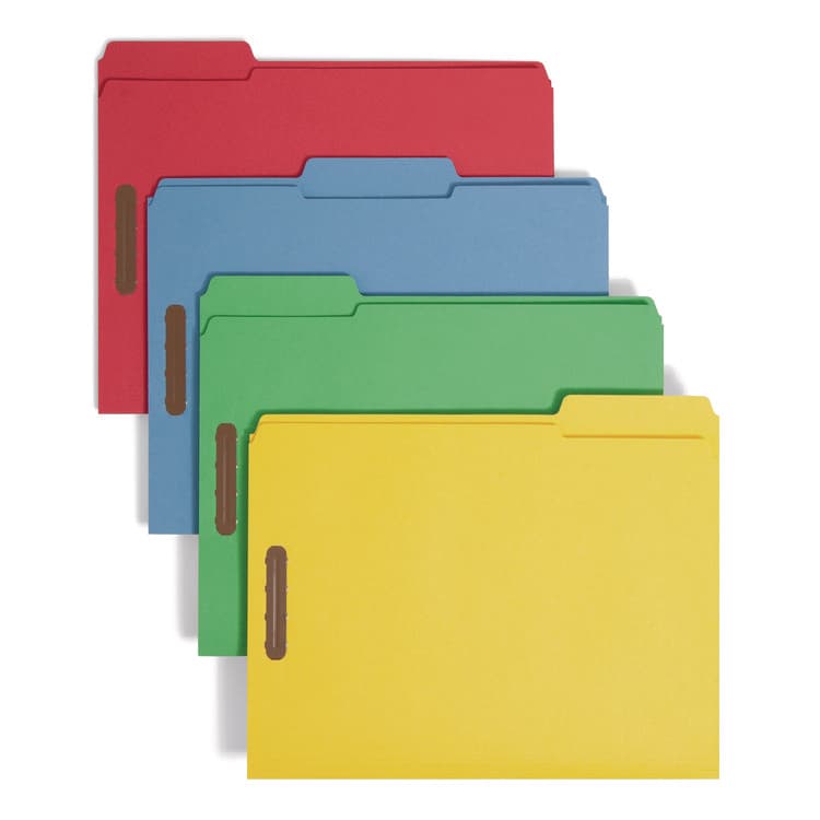 SMEAD MANUFACTURING CO. Top Tab Colored Fastener Folders, 1/3-Cut Tab: Assorted, Expands 0.75", 2 Fasteners, Letter Size, Assorted, 50/Box (SMD11975)
