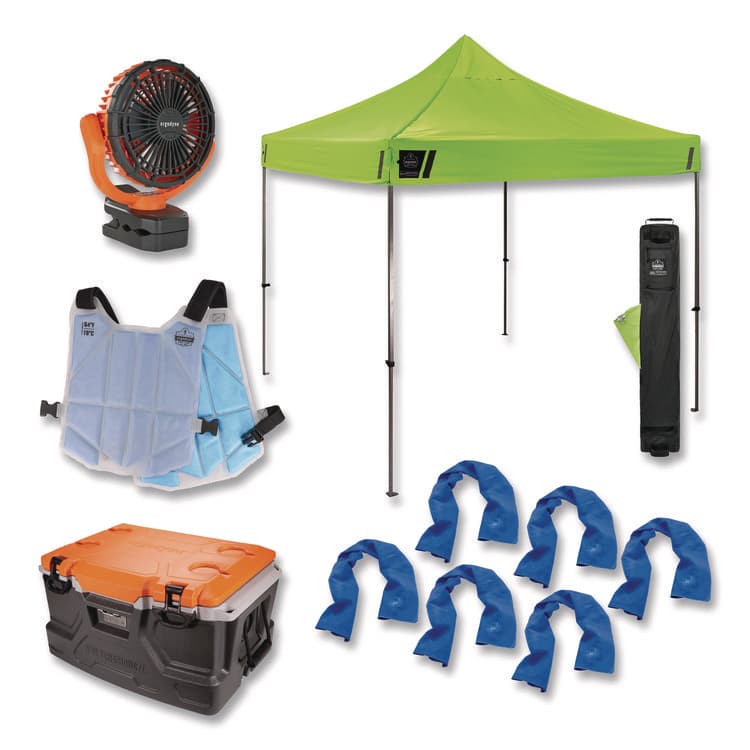 TENACIOUS HOLDINGS, . Chill-Its 6672 Heat Stress Prevention and Recovery Station Kit, Pop-Up Tent, 48-qt Cooler, Fan, Vest, 6 Towels (EGO12344)